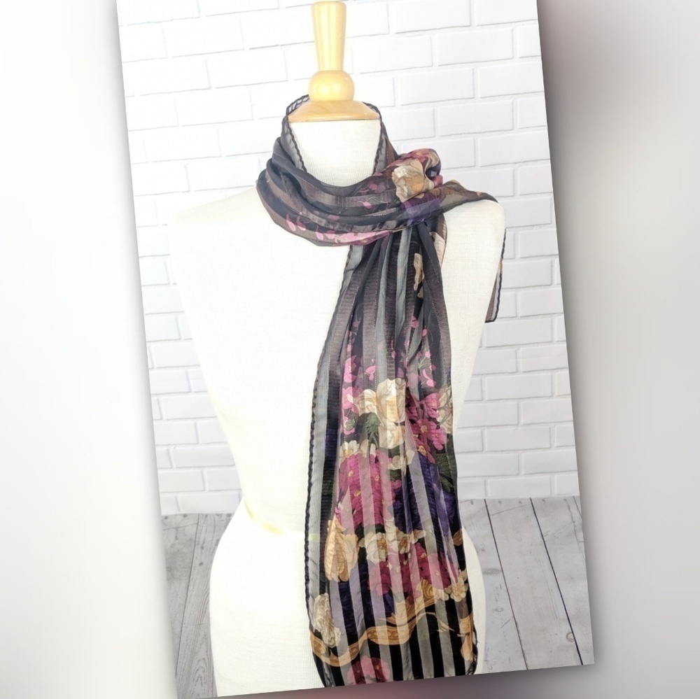Liz Claiborne Satin Brown & Gold Floral Scarf‎